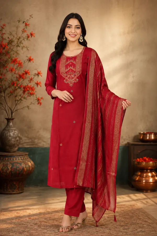 Elegant_Red_Embroidered_Kurti_Pant_Dupatta_Set_Rust_Red