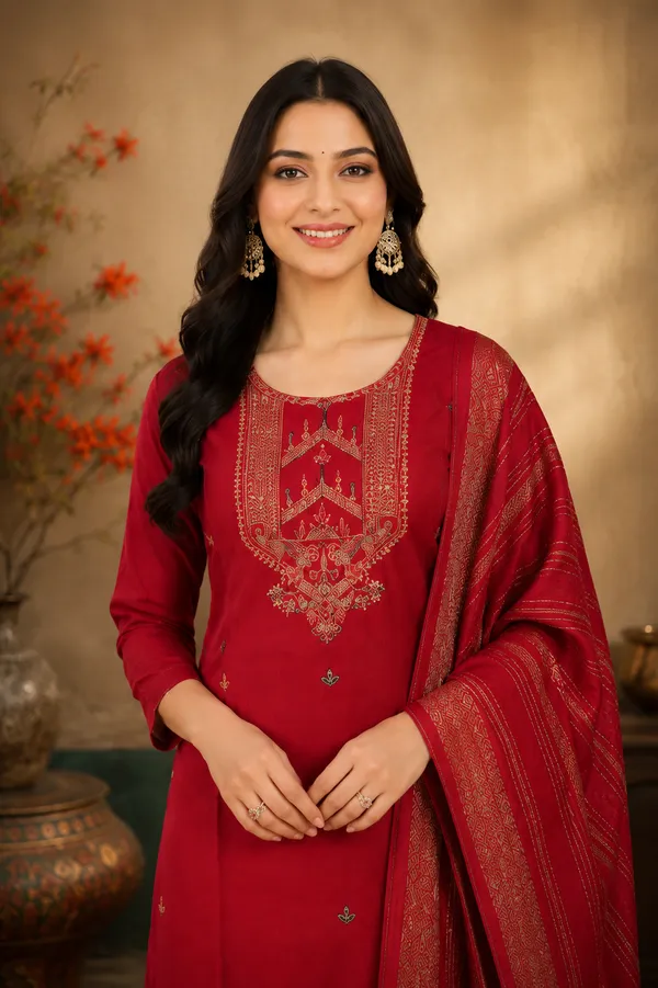 Elegant_Red_Embroidered_Kurti_Pant_Dupatta_Set_Rust_Red