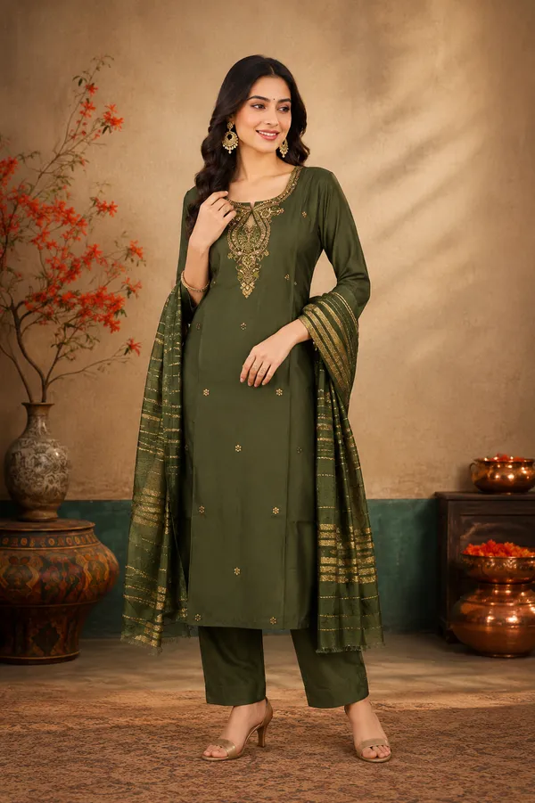 Elegant_Olive_Green_Embroidered_Kurti_Pant_Dupatta_Set_Mehendi_Olive