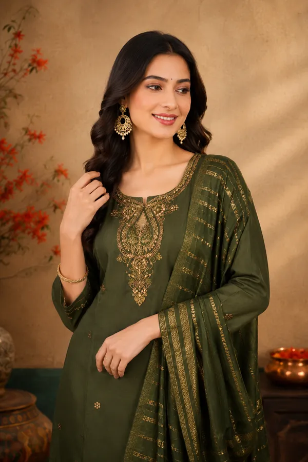 Elegant_Olive_Green_Embroidered_Kurti_Pant_Dupatta_Set_Mehendi_Olive