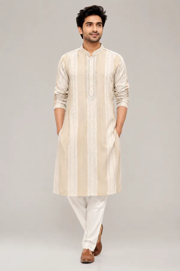 Beige_Vertical_Striped_Embroidered_Cotton_Silk_Kurta_Coming_Soon