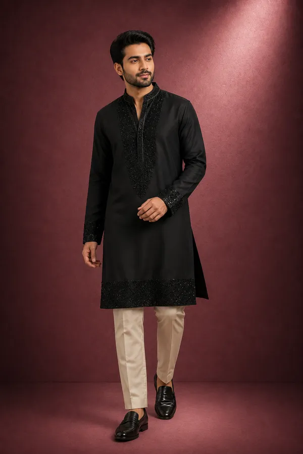 Jet_Black_Heavily_Embroidered_Silk_Kurta_Coming_Soon