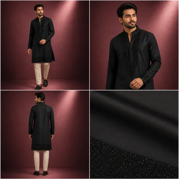 Jet_Black_Heavily_Embroidered_Silk_Kurta_Coming_Soon