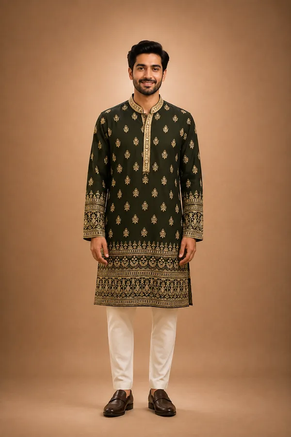 Deep_Forest_Green_Embroidered_Silk_Kurta_Coming_Soon