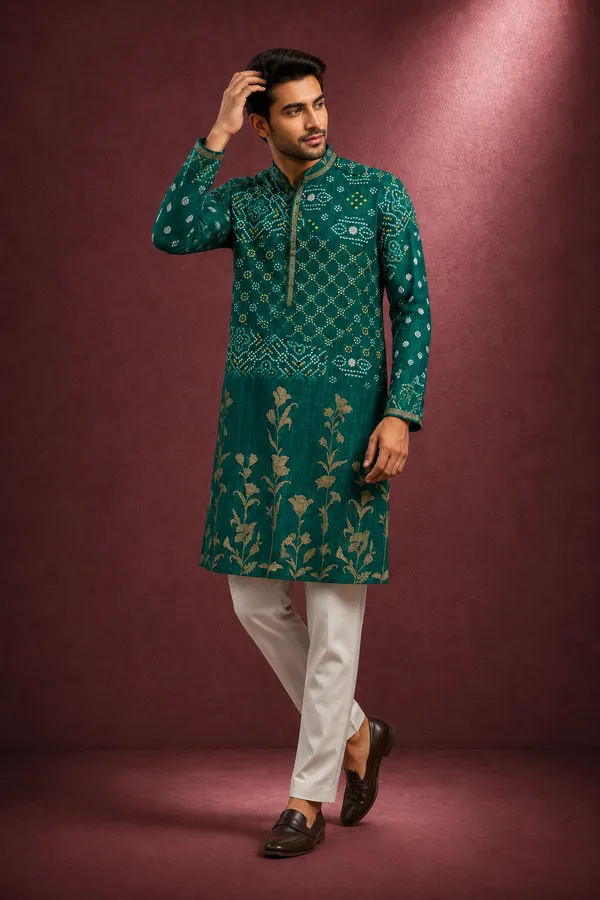 Teal_Green_Bandhani_Printed_Floral_Embroidered_Kurta_Coming_Soon