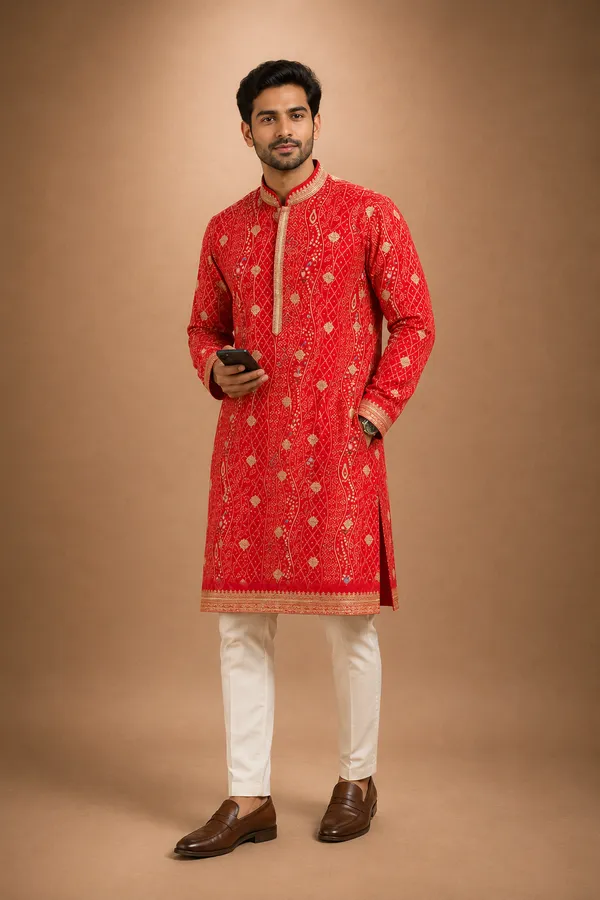 Crimson_Red_Bandhani_Printed_Embroidered_Kurta_Coming_Soon