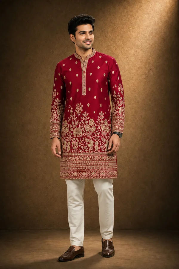 Maroon_Red_Heavily_Embroidered_Kurta_For_Men_Coming_Soon