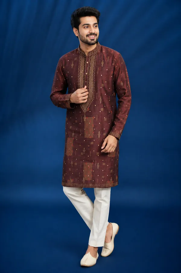 Deep_Maroon_Brown_Geometric_Printed_Kurta_For_Men_Coming_Soon