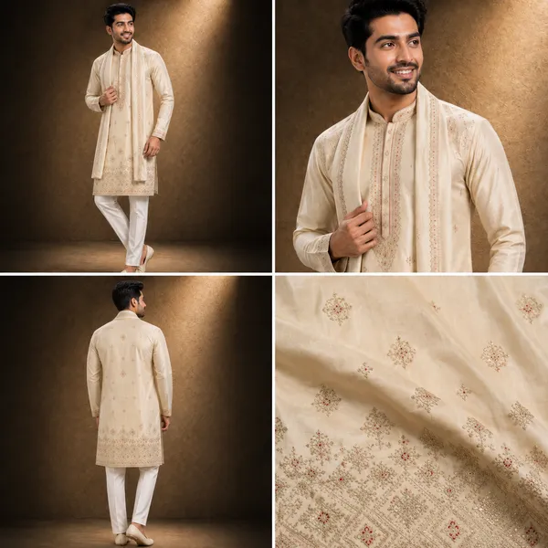 Beige_Embroidered_Kurta_Set_With_Stole_For_Men_Coming_Soon