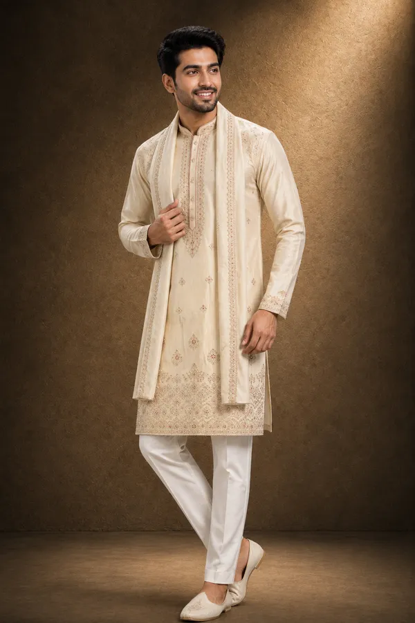 Beige_Embroidered_Kurta_Set_With_Stole_For_Men_Coming_Soon