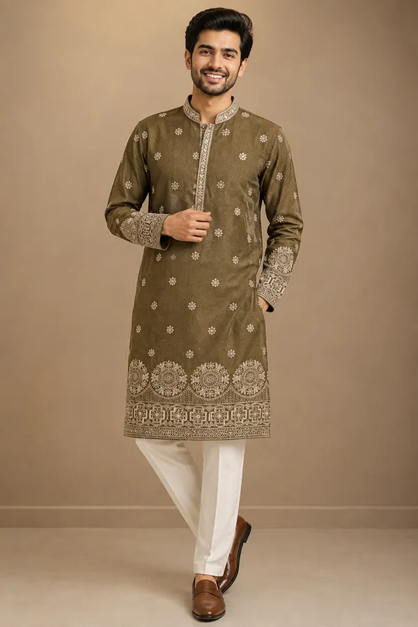 Olive_Brown_Embroidered_Festive_Kurta_For_Men_Coming_Soon