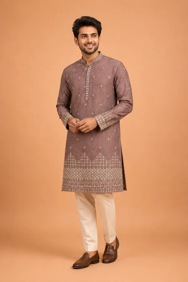 Mauve_Taupe_Embroidered_Kurta_For_Men_Coming_Soon