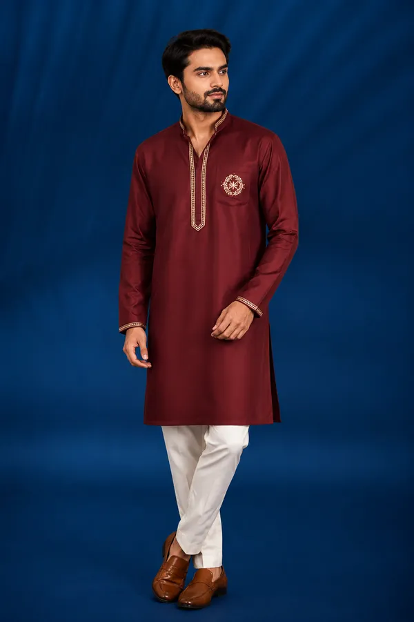 Maroon_Red_Kurta_With_Pocket_Embroidery_For_Men_Coming_Soon