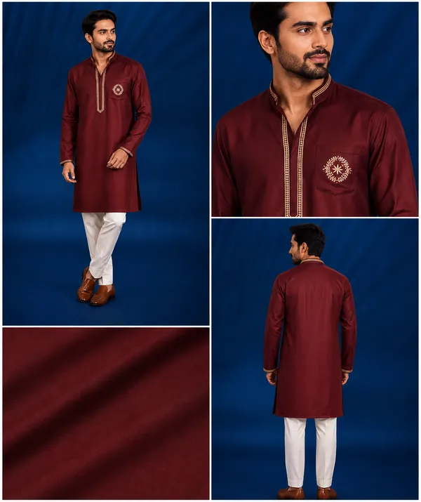 Maroon_Red_Kurta_With_Pocket_Embroidery_For_Men_Coming_Soon