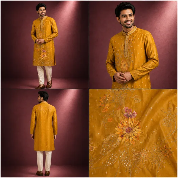 Mustard_Yellow_Floral_Embroidered_Silk_Kurta_Set_For_Men_Coming_Soon