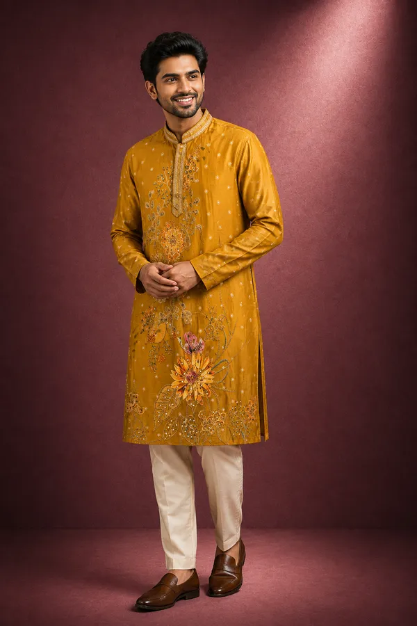 Mustard_Yellow_Floral_Embroidered_Silk_Kurta_Set_For_Men_Coming_Soon