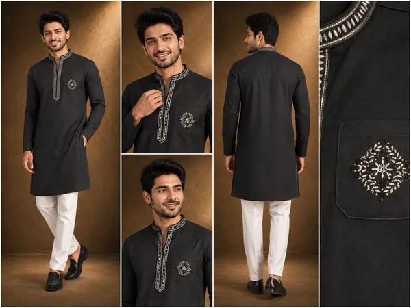 Black_Embroidered_Cotton_Silk_Kurta_Set_For_Men_Coming_Soon