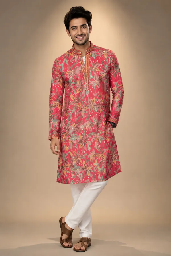 Coral_Red_Floral_Print_Festive_Kurta_For_Men_Coming_Soon