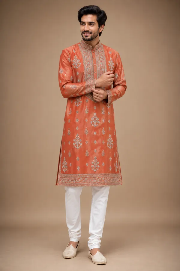 Rust_Orange_Embroidered_Festive_Kurta_For_Men_Coming_Soon