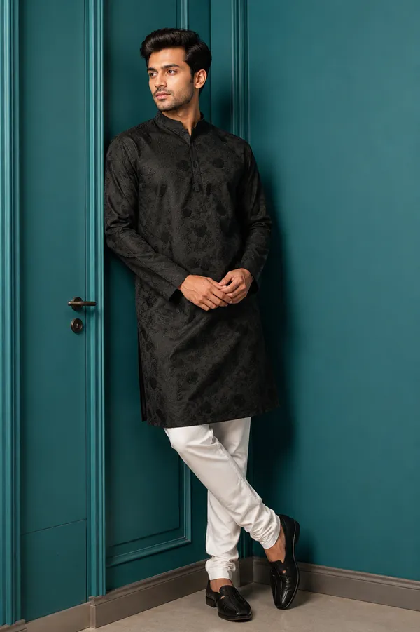 Black_Tonal_Floral_Jacquard_Silk_Kurta_Coming_Soon