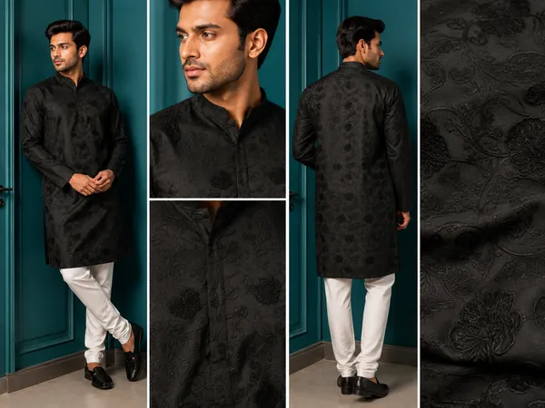 Black_Tonal_Floral_Jacquard_Silk_Kurta_Coming_Soon