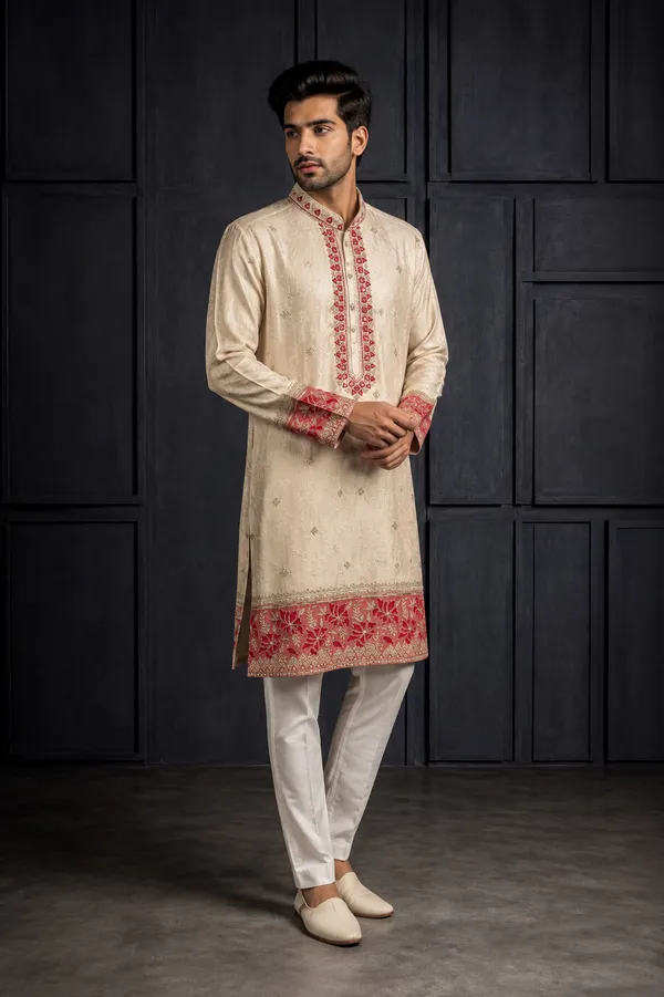 Beige_Kurta_Set_With_Red_Floral_Embroidered_Border_For_Men_Coming_Soon