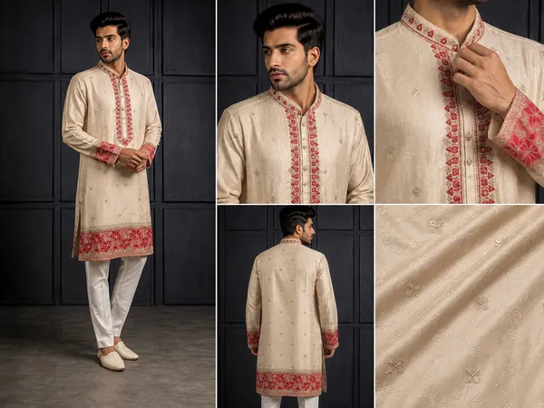 Beige_Kurta_Set_With_Red_Floral_Embroidered_Border_For_Men_Coming_Soon