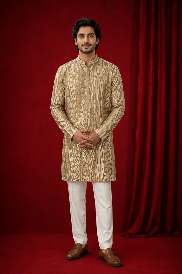 Gold_Metallic_Textured_Jacquard_Kurta_For_Men_Coming_Soon