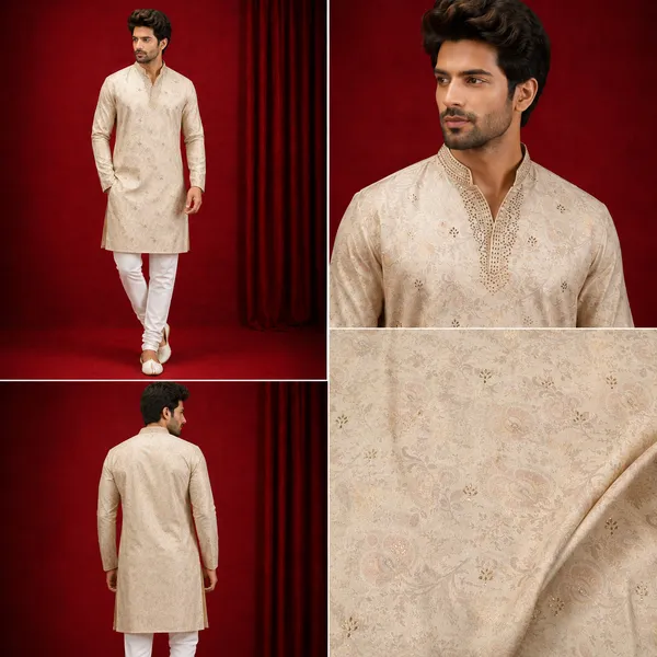 Beige_Chanderi_Silk_Embroidered_Kurta_Set_With_Churidar_For_Men_Coming_Soon