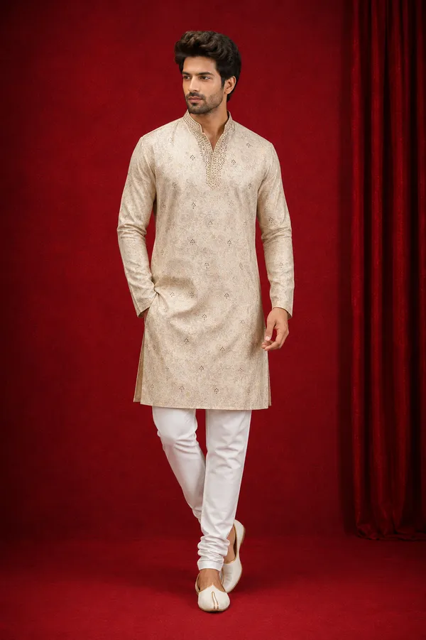 Beige_Chanderi_Silk_Embroidered_Kurta_Set_With_Churidar_For_Men_Coming_Soon