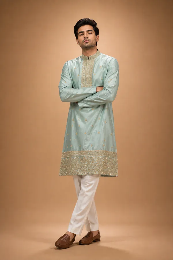 Mint_Green_Embroidered_Silk_Kurta_Set_For_Men_Coming_Soon
