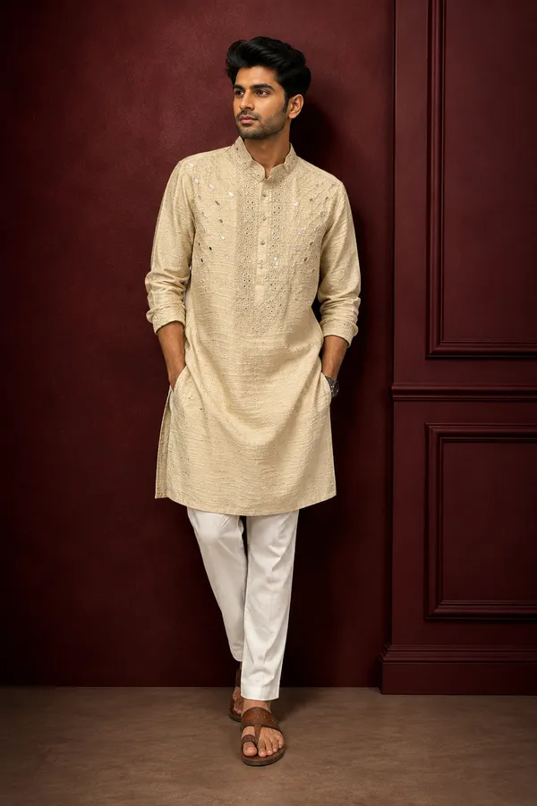 Beige_Textured_Silk_Mirror_Work_Kurta_Set_For_Men_Default_Title
