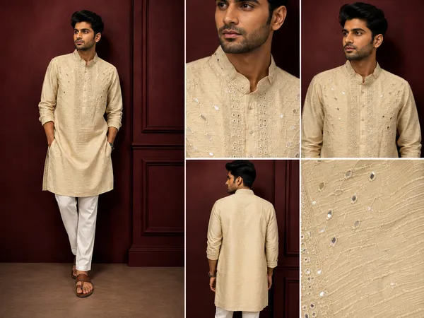 Beige_Textured_Silk_Mirror_Work_Kurta_Set_For_Men_Default_Title
