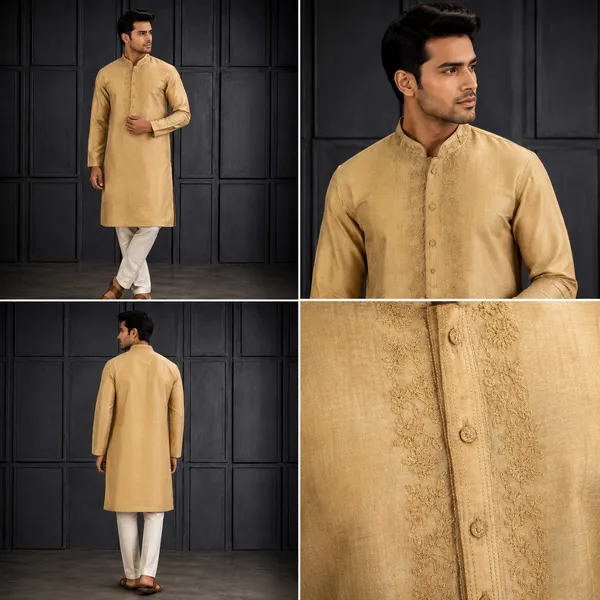 Beige_Gold_Tonal_Embroidered_Silk_Kurta_Set_For_Men_Coming_Soon