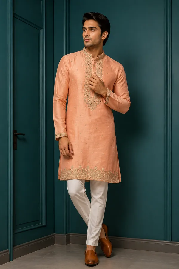 Peach_Embroidered_Silk_Kurta_Set_With_Mirror_Work_For_Men_Coming_Soon