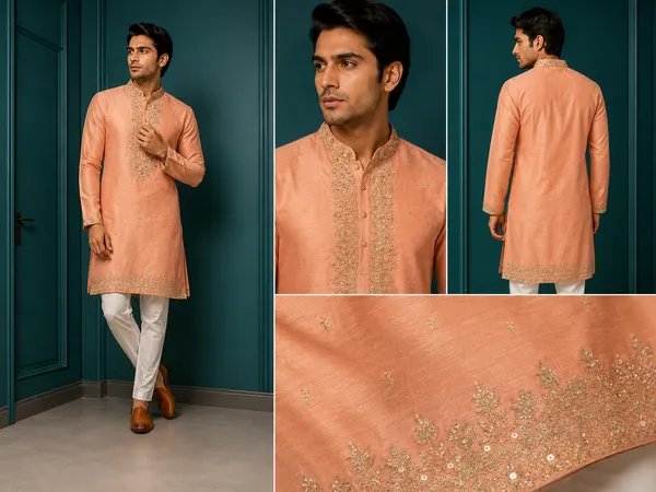 Peach_Embroidered_Silk_Kurta_Set_With_Mirror_Work_For_Men_Coming_Soon