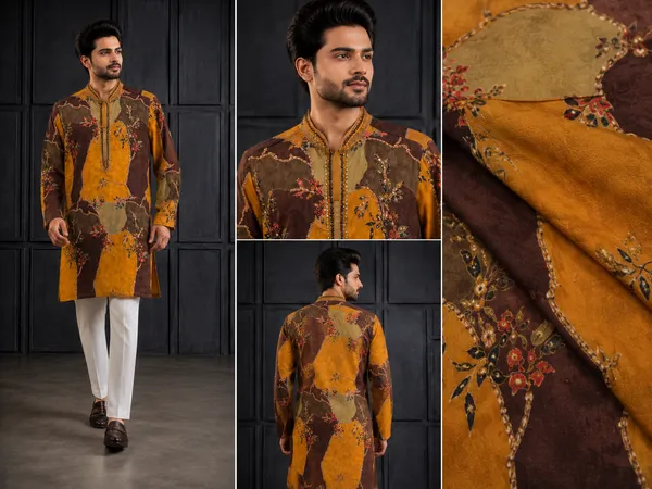 Mustard_Ochre_Brown_Patchwork_Printed_Silk_Kurta_Set_For_Men_Coming_Soon
