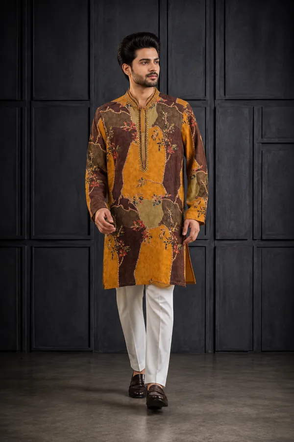 Mustard_Ochre_Brown_Patchwork_Printed_Silk_Kurta_Set_For_Men_Coming_Soon