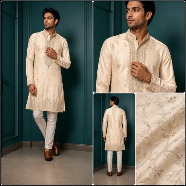 Off_White_Silk_Embroidered_Kurta_Set_With_Gold_Zari_For_Men_Coming_Soon