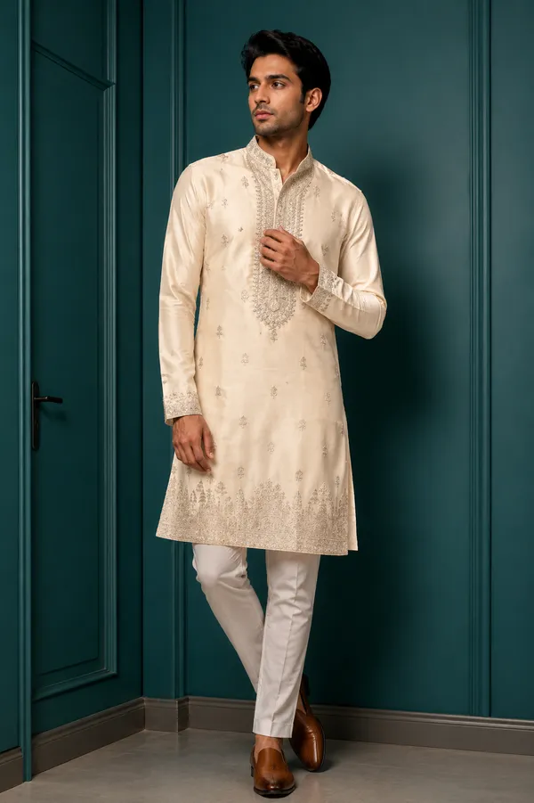 Off_White_Silk_Embroidered_Kurta_Set_With_Gold_Zari_For_Men_Coming_Soon