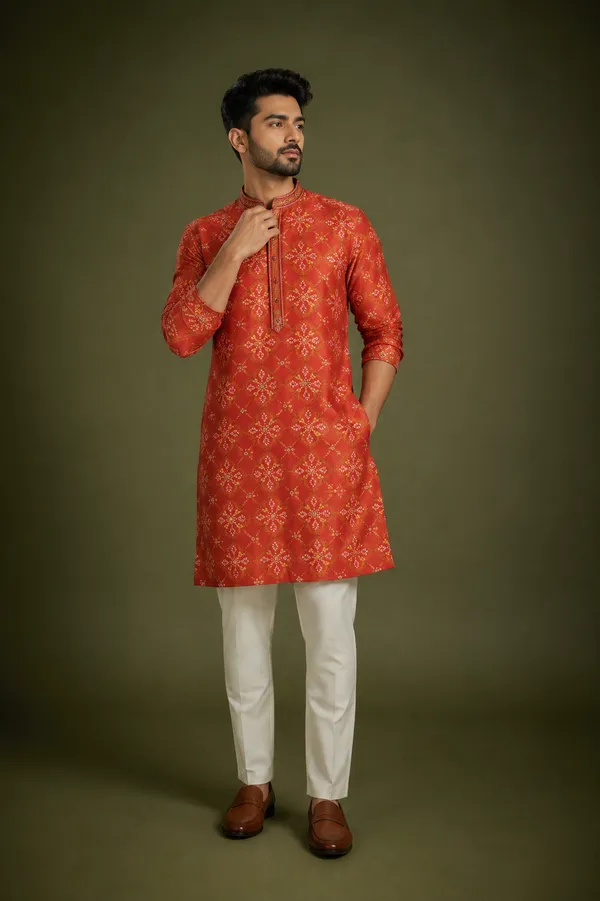 Crimson_Red_Printed_Bandhani_Silk_Kurta_Set_For_Men_Coming_Soon