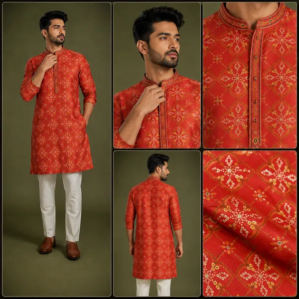 Crimson_Red_Printed_Bandhani_Silk_Kurta_Set_For_Men_Coming_Soon