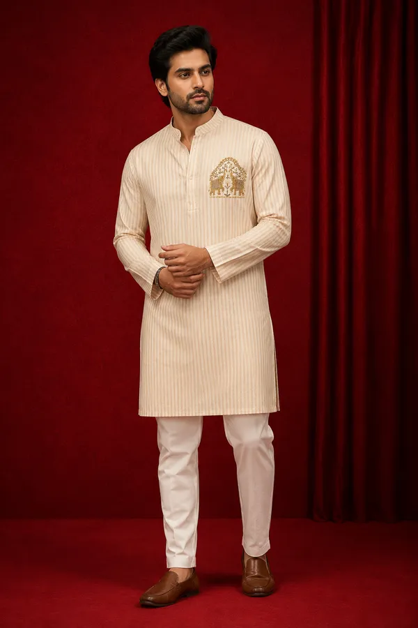 Beige_Striped_Kurta_Set_With_Gold_Elephant_Motif_Embroidery_Coming_Soon