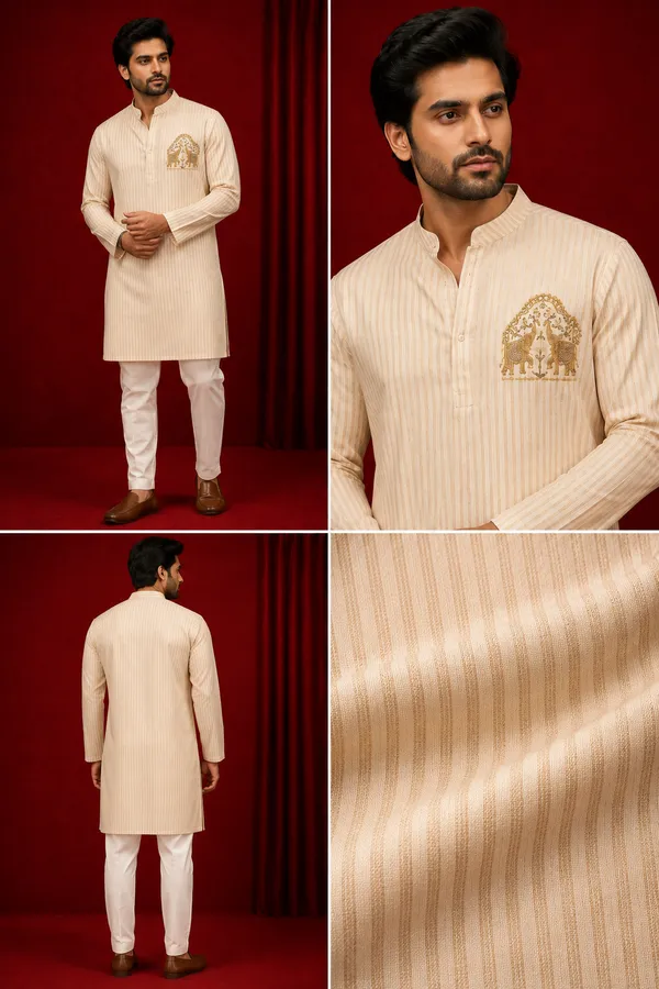 Beige_Striped_Kurta_Set_With_Gold_Elephant_Motif_Embroidery_Coming_Soon