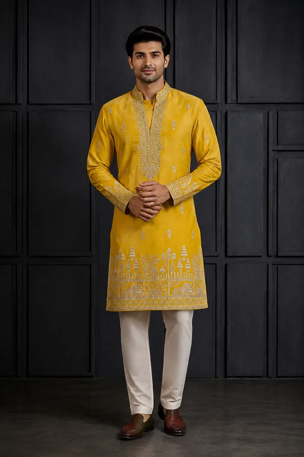Mustard_Yellow_Embroidered_Silk_Kurta_Set_With_Village_Scenery_Border_For_Men_Coming_Soon