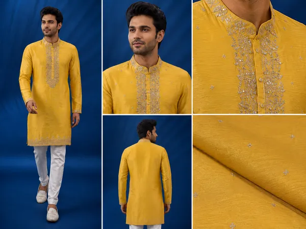 Vibrant_Yellow_Embroidered_Dupion_Silk_Kurta_Set_For_Men_Coming_Soon