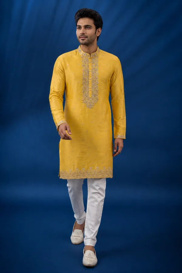 Vibrant_Yellow_Embroidered_Dupion_Silk_Kurta_Set_For_Men_Coming_Soon