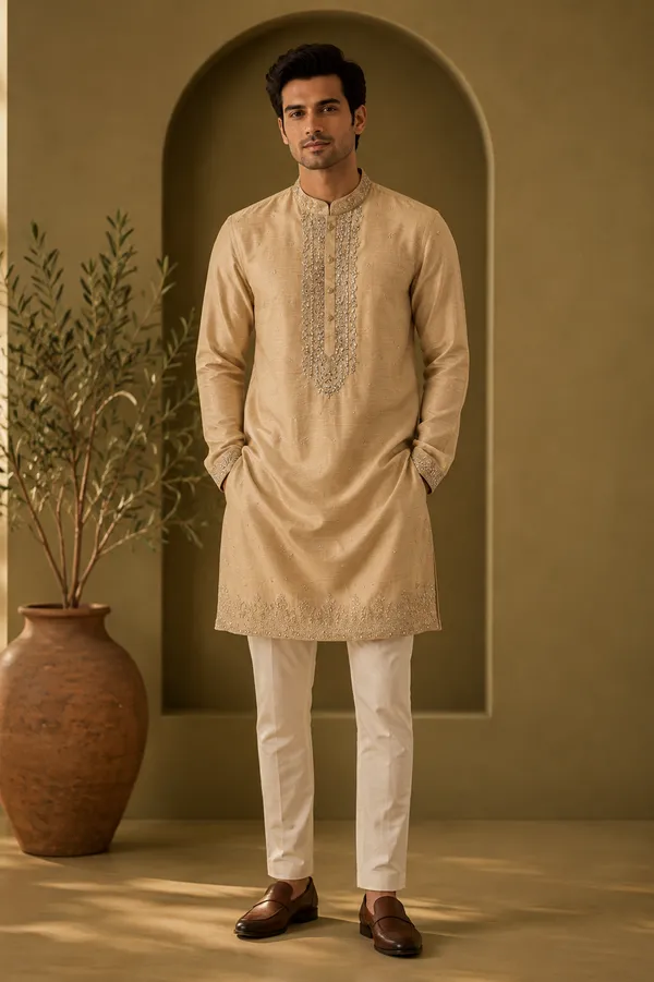 Champagne_Gold_Embroidered_Festive_Kurta_Set_For_Men_Coming_Soon