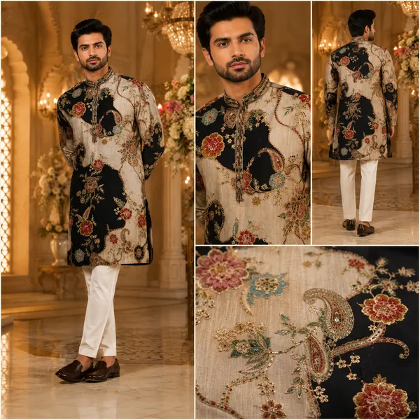 Black_Beige_Floral_Printed_Designer_Festive_Kurta_For_Men_Coming_Soon