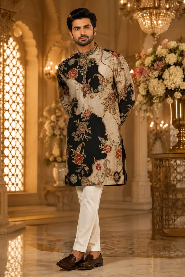 Black_Beige_Floral_Printed_Designer_Festive_Kurta_For_Men_Coming_Soon